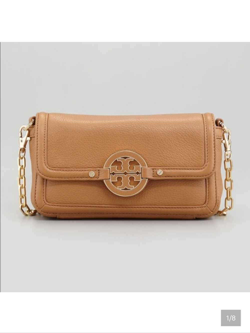 TORY BURCH Tan Leather Crossbody Bag Gold Logo Amanda Mini Chain Strap Purse